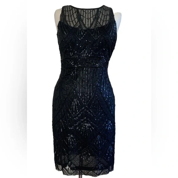 SUE WONG 10 Black Sequin Embellished Beaded Formal Cocktail Illusion Bac… - Picture 4 of 14